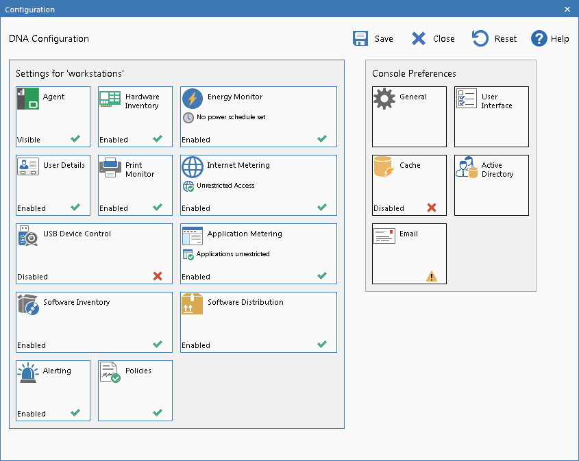 Die Konfigurationseinstellungen in NetSupport DNA IT Asset Management